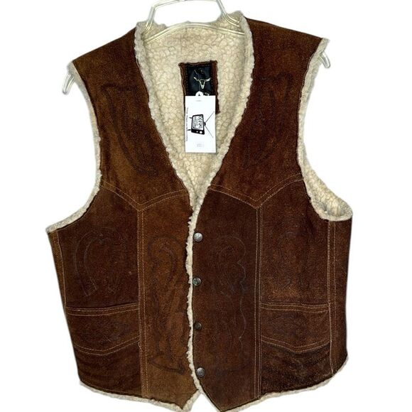 Vintage Leather/Suede Horse Printed Sherpa Lined Western Vest. Size Large. NWT. - Picture 1 of 11